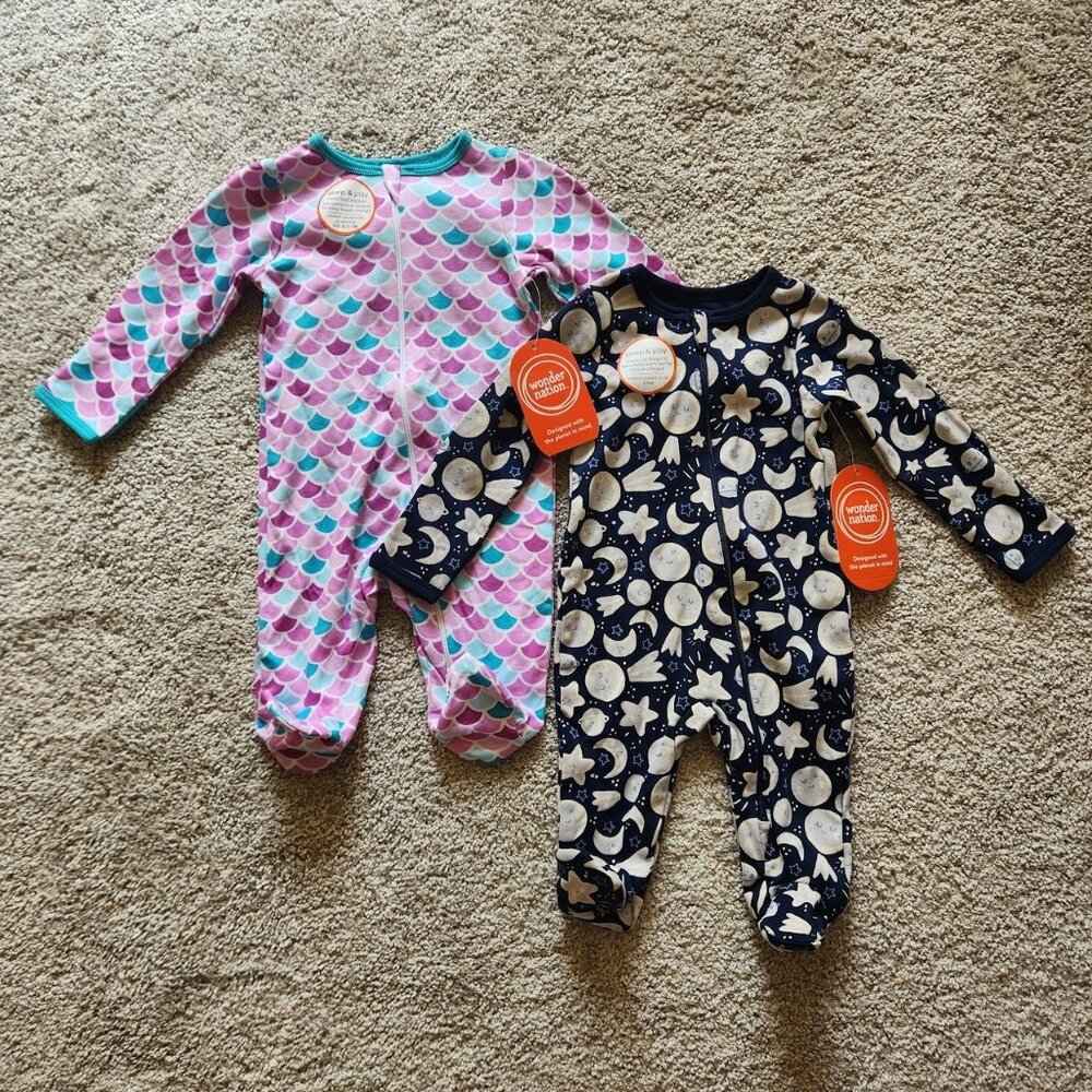 Wonder Nation Baby Onesie Bundle | 0-3 Months | Stars Moon & Mermaid Scales | NW